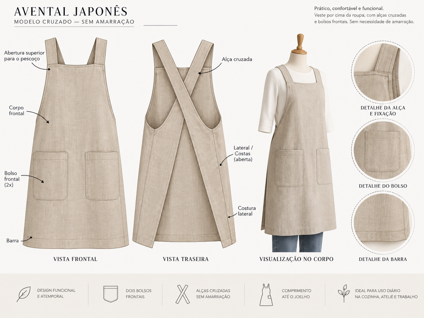 Visual frontal, traseiro e detalhes do Avental Japonês